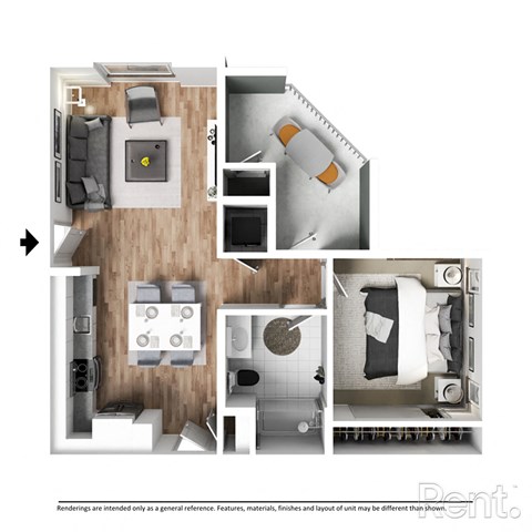 Floor plan for 1 bed, 1 bath, 694 sqft